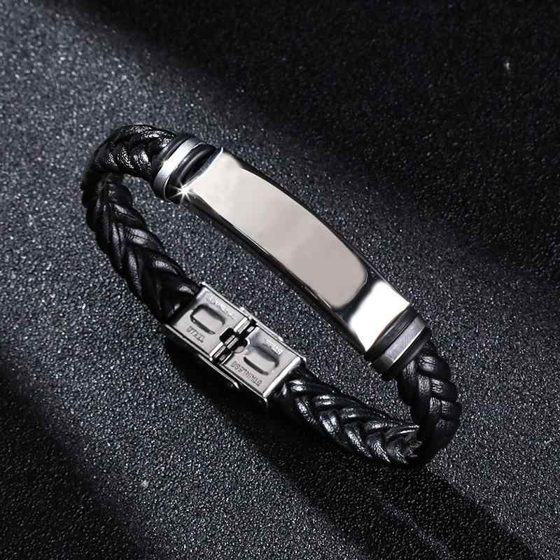 ブレスレット メンズ チタン鋼 革紐 レザー 編み込み ハンドメイド 高級感 シンプル ブラック 銅合金バ..