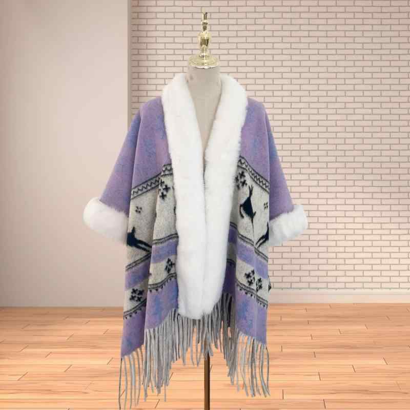 ショール レディース 秋冬 あったか 防寒 フェイクラビットファー 切り替え ケープ ポンチョ フード付..