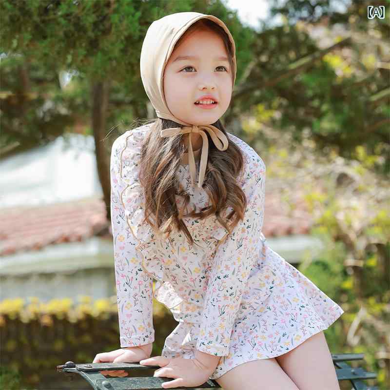 ・性別: 女児・対象年齢: 2-9歳・柄: 韓国風、カートゥーン、小花柄、爽やか・主な素材: ポリエステル85%・生地重量: 180g・裏地素材: ポリエステル・使用シーン: 水泳、水遊び・カラー: ブラウン小花・スタイル: ビキニ