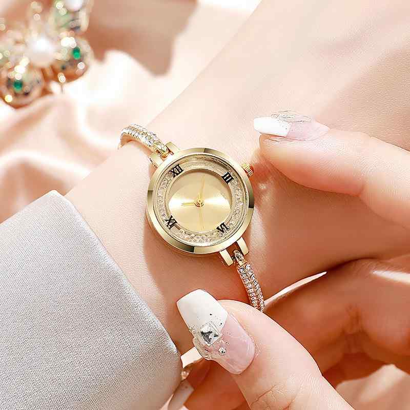 腕時計 レディース 小粒ジルコニア ラウンド型 エレガント文字盤 スライド式 伸縮ベルト フリーサイズ クラシカル カジュアル 合金製 ブレスレット ウォッチ