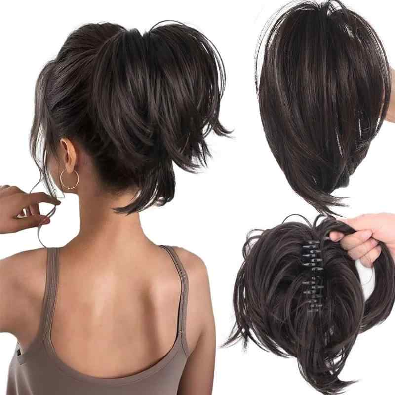 ウィッグ レディース 高温耐熱ファイバー 掴みクリップ式 ポニーテール ショート 内巻き 無造作カール 簡単装着 普段使い カジュアル イメチェン