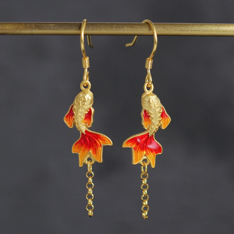 フックピアス レディース 925シルバー ゴールドメッキ 中国風 錦鯉 金魚 鯉 タッセル 景泰藍 民族風 レトロ DIY アクセサリーパーツ(x2)