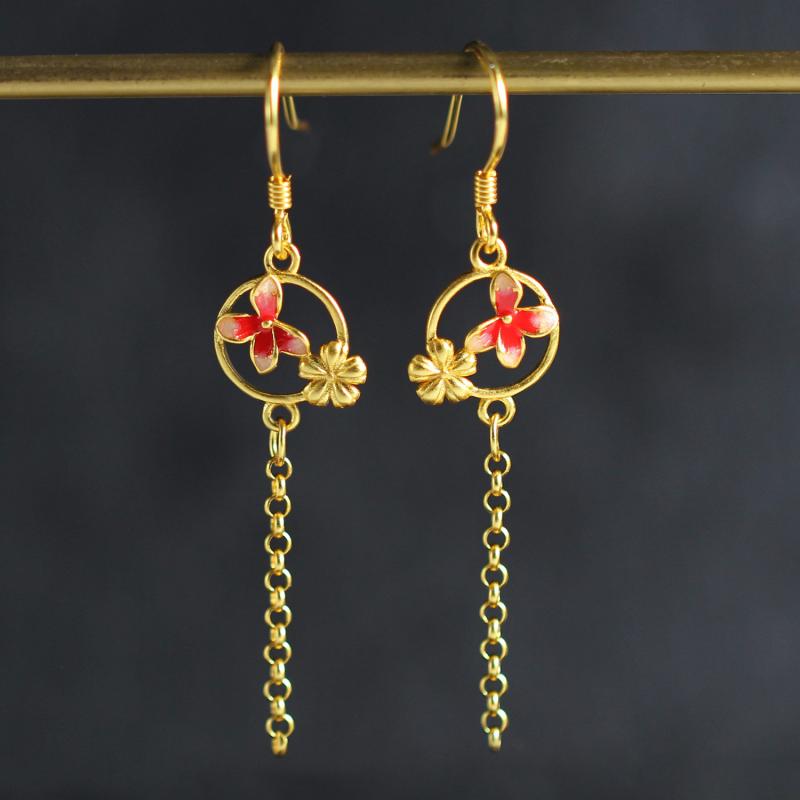 ピアス レディース 925シルバー 金メッキ ロング丈 フリンジ タッセル 景泰藍 七宝焼き フック チャイナスタイル エスニック アジアン ファッション アクセサリー(x2)(4)