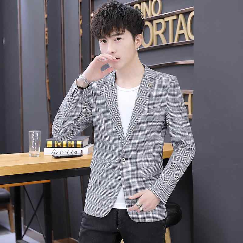 カジュアルジャケット メンズ 春秋 スリムフィット 韓国風 格子柄 長袖 シングルブレスト 形態安定 テーラードカラー 綿混素材 通勤 ビジネスカジュアル レギュラー丈