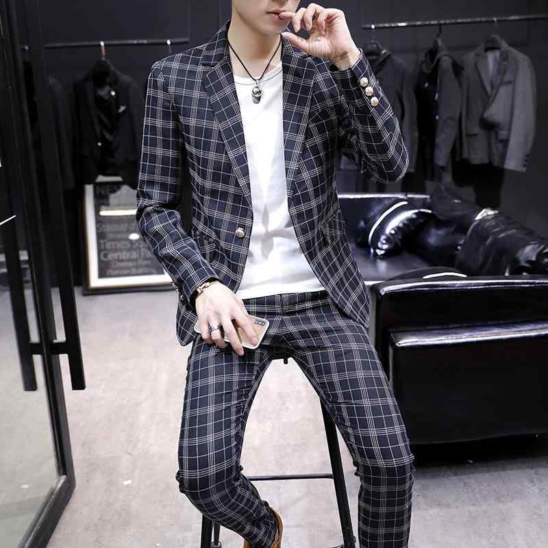 スーツ メンズ チェック柄 スリムフィット ツーピース セットアップ 韓国ファッション ビジネス カジュアル オフィス フォーマル シングルブレスト 1つボタン ノッチドラペル センターベント 秋 冬 ブラック ベージュ 再生繊維