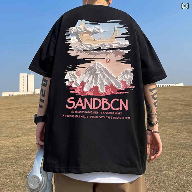 Tシャツ メンズ 春夏 半袖 丸首 五分袖 再生繊維 抗菌 薄手 プリント 英語 ロゴ ドロップショルダー ゆったり ビッグシルエット カジュアル ペア 部屋着 通学