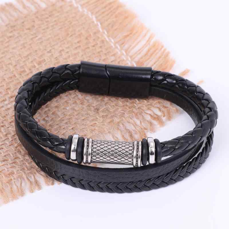 ブレスレット メンズ ユニセックス レザー 編み込み ステンレス 多層 マグネットクラスプ 革紐 手作り ..