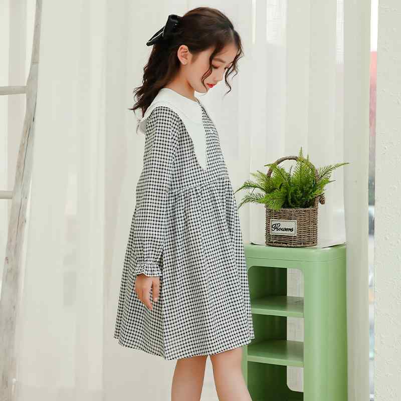 ワンピース キッズ 女の子 ジュニア 親子コーデ 着回し ベーシック コットン チェック柄 長袖 フレア ..