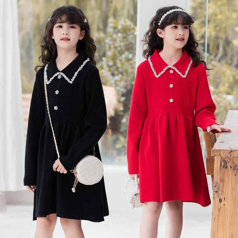 ワンピース キッズ 女の子 ジュニア ニット ポリエステル 長そで 無地 ラインストーン ビジュー プリン..