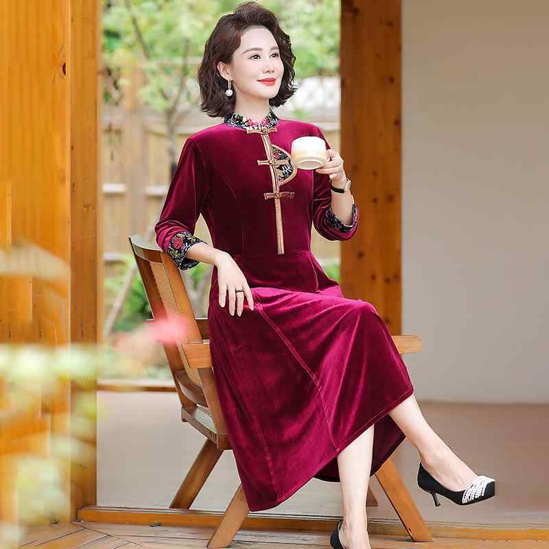 ワンピース レディース ミセス ママ向け 金糸ベロア 光沢感 高級感 新チャイナスタイル 中華風 改良版 ..