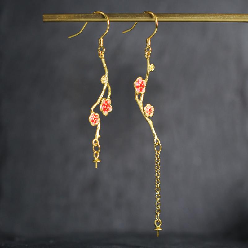 ピアス レディース S925純銀製 景泰藍 七宝 流蘇 タッセル パール パール 梅の花モチーフ アシンメトリ..