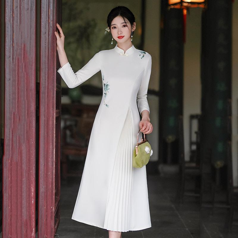 チャイナドレス レディース 女性用 ワンピース 春秋 七分袖 改良 レトロモダン オフホワイト 半高襟 上..