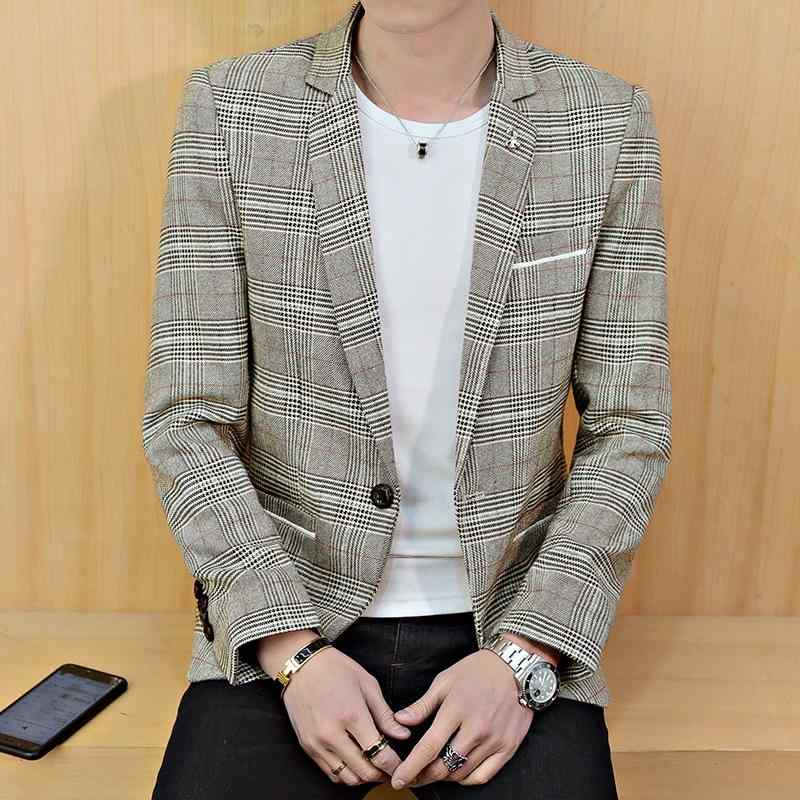 テーラードジャケット メンズ 秋冬 チェック柄 長袖 韓国風 スリムフィット ビジネスカジュアル ポリエ..