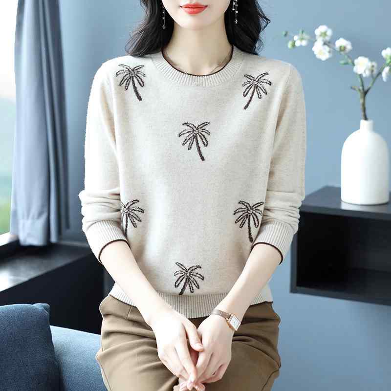 ニット レディース 100% ウール ゆったり 体型カバー 秋 冬 ママ ミセス 重ね着 トップス 丸首 花柄刺繍 プルオーバー 中厚手 リブ 大..