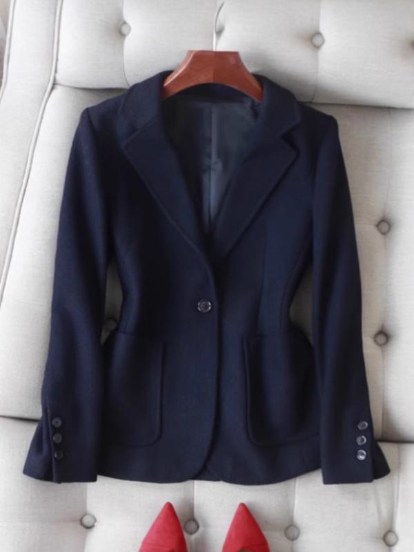テーラードジャケット レディース 上品な 通勤 オフィス スリムフィット ウールブレンド ツイル ダークネイビー 肩レッドラインアクセント 秋冬 アウター