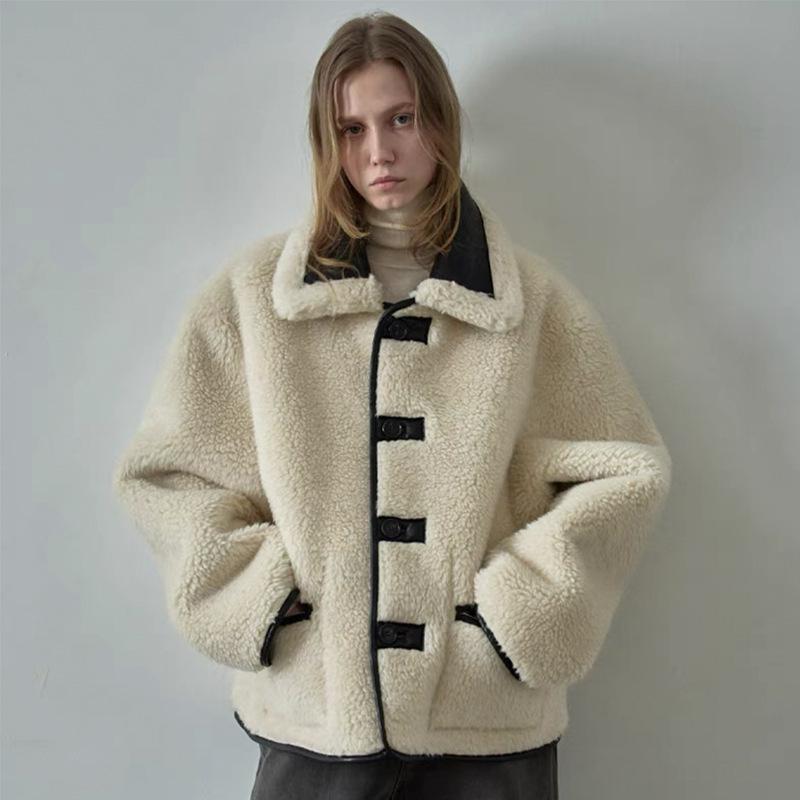 ジャケット レディース リバーシブル 厚手 保温 防寒 フェイクレザー ボア ミドル丈 ゆったり オーバーサイズ 韓国ファッション カジュアル ビッグカラー シングルボタン 長袖 アクリル アイボリー カフェラテ(4)