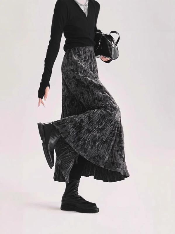 スカート レディース ハイウエスト スタイルアップ 厚手 微ストレッチ ベロア ベルベット プリーツ 生地感 切り替え Aライン ミモレ丈 きれいめ 通勤 オフィス 秋冬 グレー