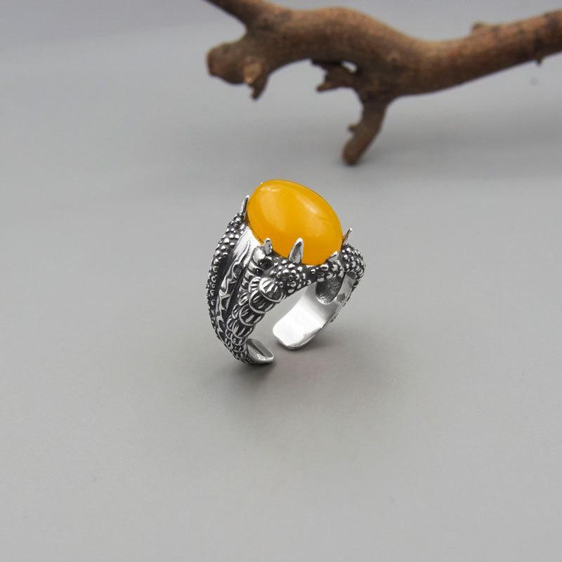 指輪 メンズ S925純銀 タイシルバー リング 空枠 DIY石留め枠 開口式 サイズ調整可能 アンティーク加工 レトロ ヴィンテージ 楕円形 琥珀 ターコイズ 南紅瑪瑙用
