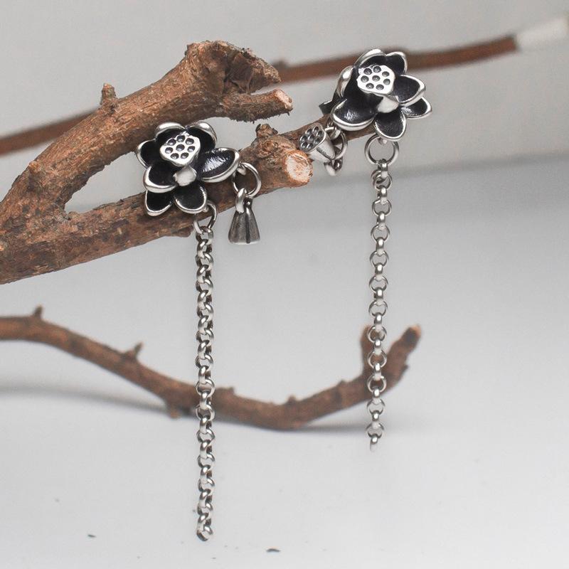 ピアス レディース 925シルバー タイシルバー エスニック 民族風 蓮の花 蓮の実 レトロ アンティーク風 ハンドメイド スタッド ドロップ ぶら下がり アクセサリー