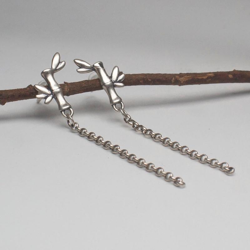 ピアス レディース 女性用 925シルバー 純銀製 ハンドメイド タイシルバー 中国風 レトロ 竹モチーフ タッセル ドロップピアス アート風 エスニック かわいい