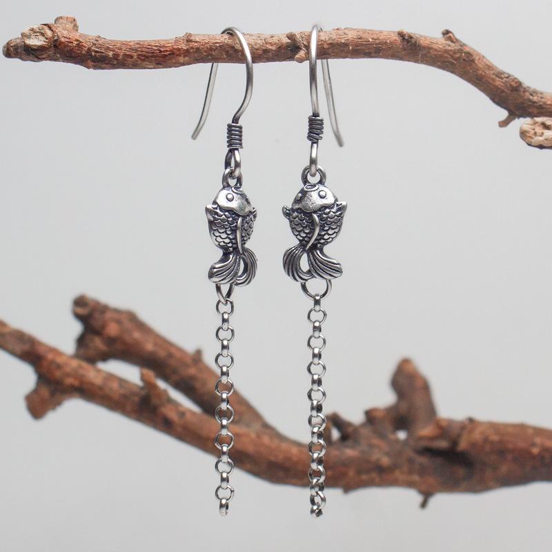 ピアス レディース 925スターリングシルバー 金魚 民族調 エスニック 中華風 レトロ アンティーク タイシルバー タッセル フリンジ ドロップピアス用 DIY ハンドメイド パーツ