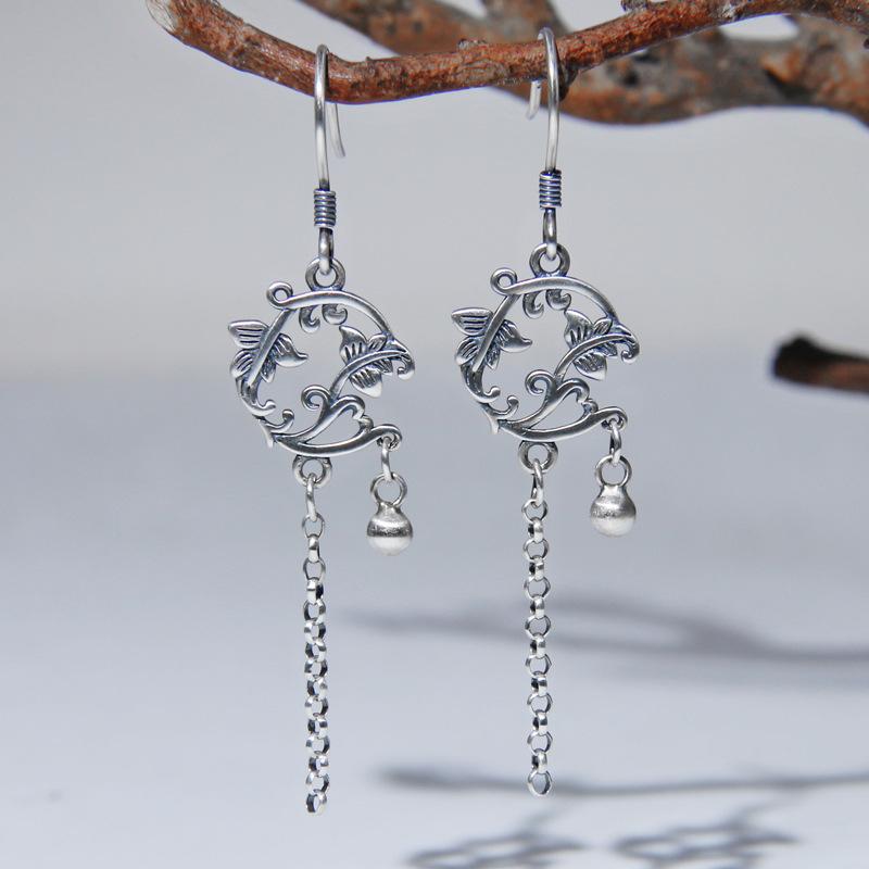 ピアス レディース 925シルバー タイシルバー レトロ アンティーク ヴィンテージ 上品 エレガント タッセル フックタイプ DIY アクセサリー 中国風 花 葉モチーフ