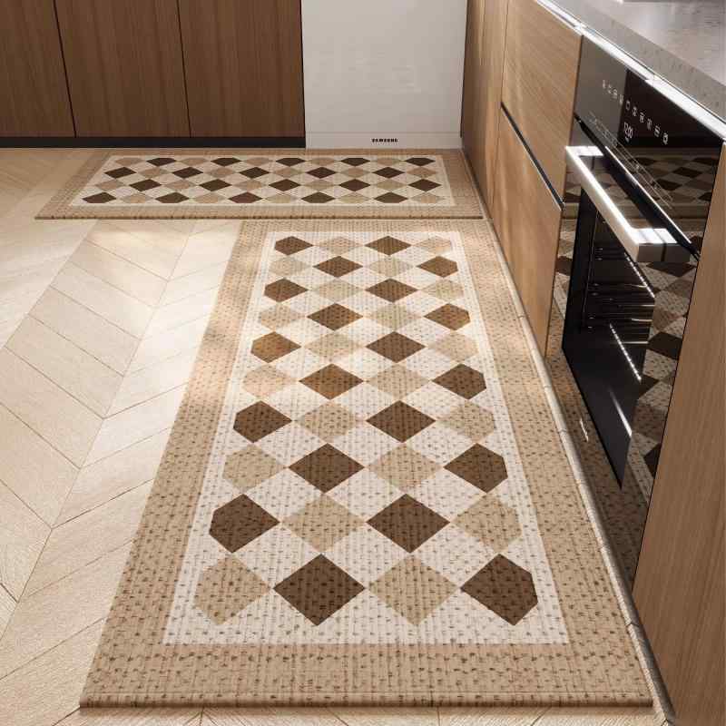 キッチンマット シンプル モダン 吸水性 吸油性 ループパイル 耐摩耗 丈夫 お手入れ簡単 洗濯可能 滑り止め付き ポリエステル 四角 無地 格子柄