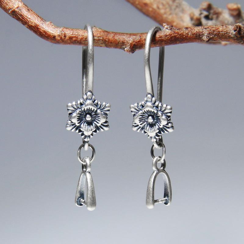 ピアスパーツ レディース 925シルバー 民族風 レトロ アンティーク加工 DIY フラワー ハンドメイド かわいい フックパーツ ピアス空枠 クリップ留め具(x2)(4)