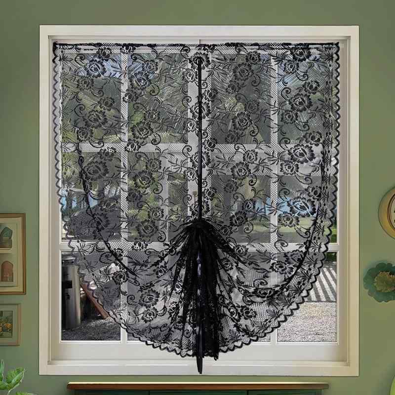 小窓カーテン 昇降式 ローマンシェード ブラック レース ポール通し 突っ張り棒対応 北欧風 田園風 花..