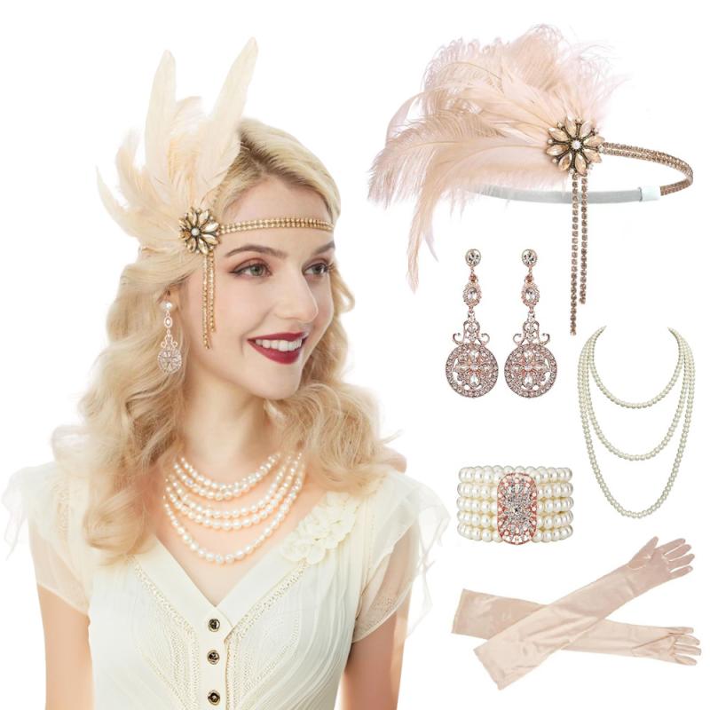 ヘアバンド レディース 1920年代 欧米 レトロ クラシック ヴィンテージ シャンパンカラー フェザー フリンジ フラッパー 仮装舞踏会 コスプレ ダンス パーティー イベント 上品 エレガント