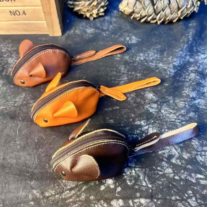 小銭入れ 男女兼用 本革 牛革 レトロ ヴィンテージ ネズミ型 かわいい ブラウン オレンジ カードケース..