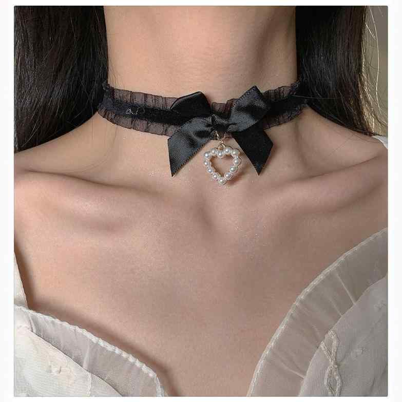 ネックレス ハート リボン パール フリル 黒ベルベット チョーカー 短め 大人かわいい 韓国 ファッショ..