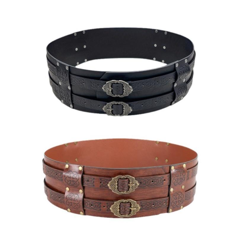 ベルト メンズ ヴァイキングスタイル 騎士風 中世風 欧米ファンタジー コスプレ 仮装 イベント エンボス加工 型押し ワイド 幅広 コルセット ウエストマーク レトロ ヴィンテージ レザーベルト ブラウン ブラック