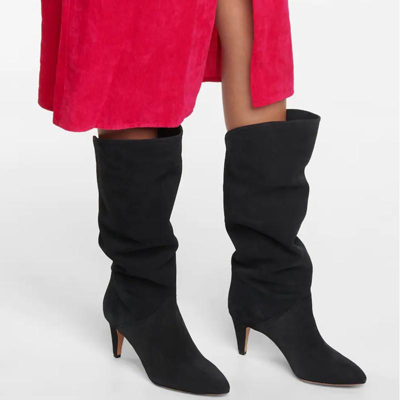 ブーツ レディース 秋冬 ジョッキーブーツ スタイルアップ 美脚 細めハイヒール ラウンドトゥ ロング丈 プルオン スエード素材 欧米風 大きいサイズ 保温性 あったか 脚長効果