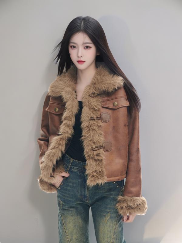 ファーコート レディース 防寒 暖かい ショート丈 フォックスファー風 フェイクファー スエード調 フェイクレザー切り替え 襟付き 上品 エレガント 通勤 オフィス カジュアル 着回し