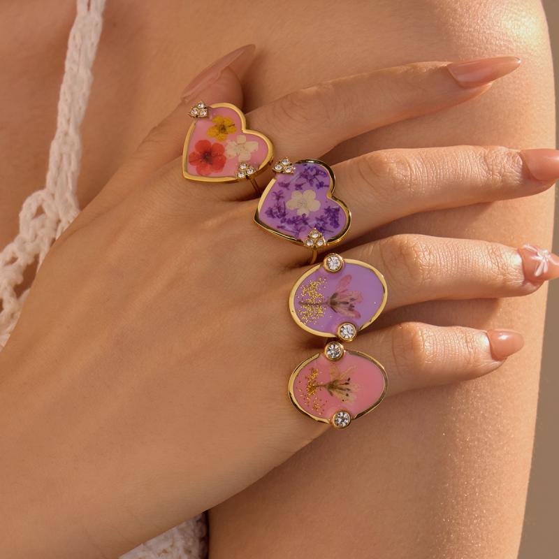 指輪 レディース ステンレス鋼製 ハート ドライフラワー プリザーブドフラワー 高級感 ライトラグジュ..