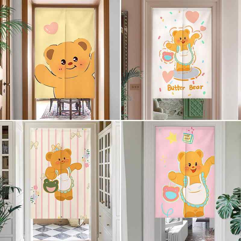 のれん かわいい クマ柄 間仕切りカーテン 突っ張り棒式 穴あけ不要 キッチン 台所 リビング 脱衣所 洗面所 トイレ 浴室 玄関 店舗用 業務用 家庭用 目隠し プライバシー保護 おしゃれ(x2)