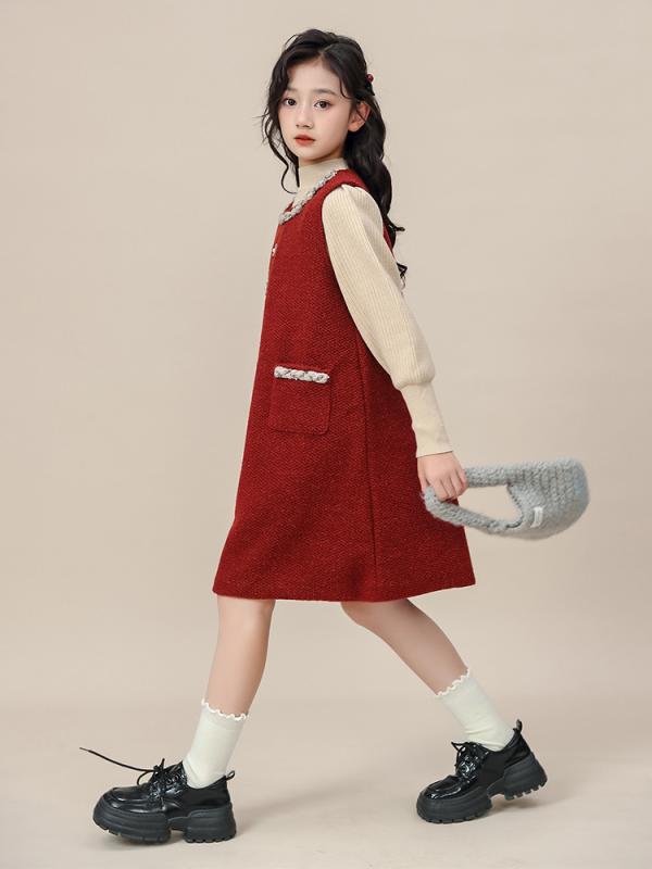 ワンピース 女の子 ジュニア プリンセスドレス 長袖 ベスト 2点セット 秋冬 レッド フォーマル ドレス 発表会 お呼ばれ ポリエステル 柔らかい肌触り リボン 上品 かわいい