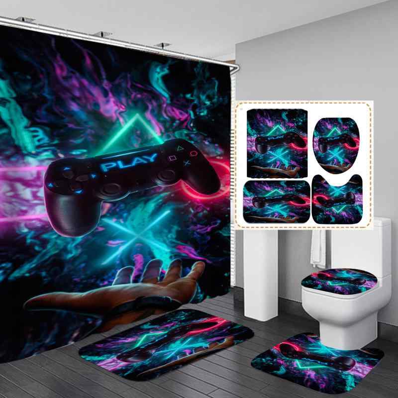 シャワーカーテン 4点セット 防水 撥水 ポリエステル素材 穴開け不要 取付簡単 ゲーム柄 高画質 鮮やか..