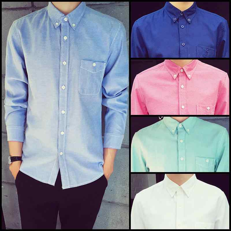 シャツ メンズ カジュアル 春秋 韓国風 ファッション スリムフィット 長袖 レギュラーカラー 無地 オックスフォード生地 綿95% 豊富なカラー展開 大きいサイズ対応