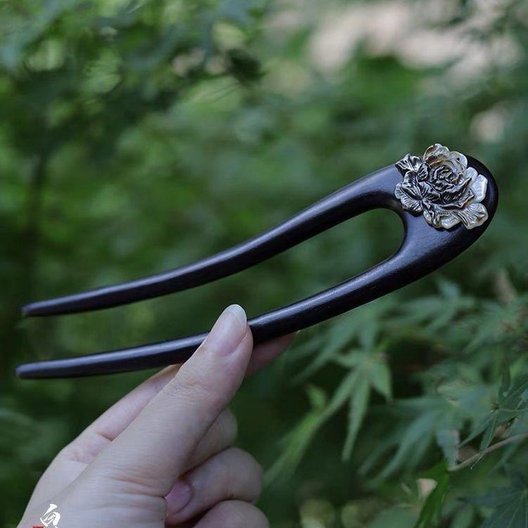 かんざし 黒蝶貝 蝶 U字型 二本挿し 高級感 ネオチャイニーズスタイル 手作り 黒檀製 天然素材 まとめ..