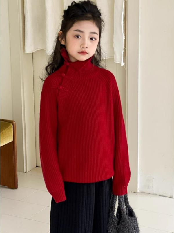 ニットセーター 女の子 キッズ レッド ソフトタッチ アクリル ポリエステル 冬物 新中国スタイル チャイナ風 チャイナボタン お祝い 新年 ハイネック 長袖 トップス