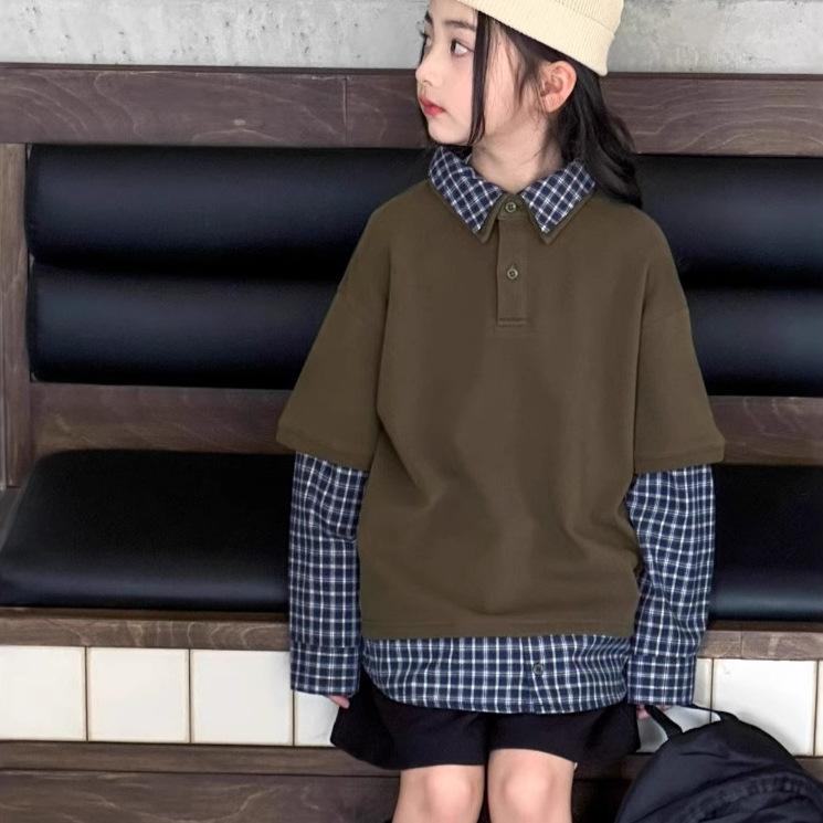 キッズ 女の子 春 トレーナー トップス フェイクレイヤード 重ね着風 ポロシャツ Tシャツ 綿素材 おし..