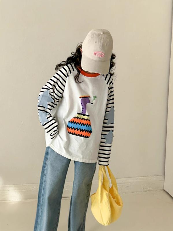 Tシャツ キッズ 女の子 ガールズ 長袖 コットン100% 柔らかい肌触り 韓国風 オルチャンスタイル かわいい アニマル柄 カートゥーン柄 ストライプ柄 春秋 トップス インナー ラウンドネック オフホワイト 普段着 8歳 140cm対応