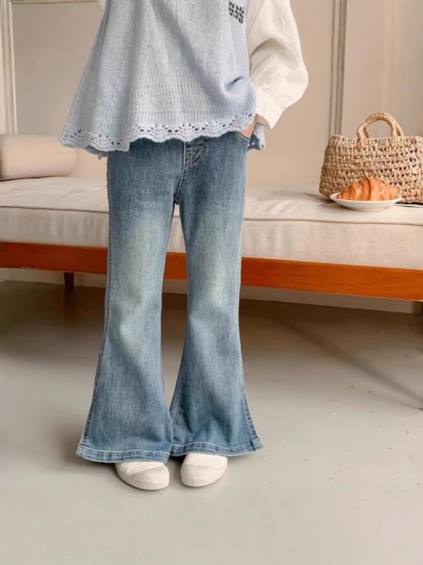 デニムパンツ キッズ 女の子 裾スリット フレア ロング丈 長ズボン 春夏 カジュアル 普段着 綿混 ソフ..