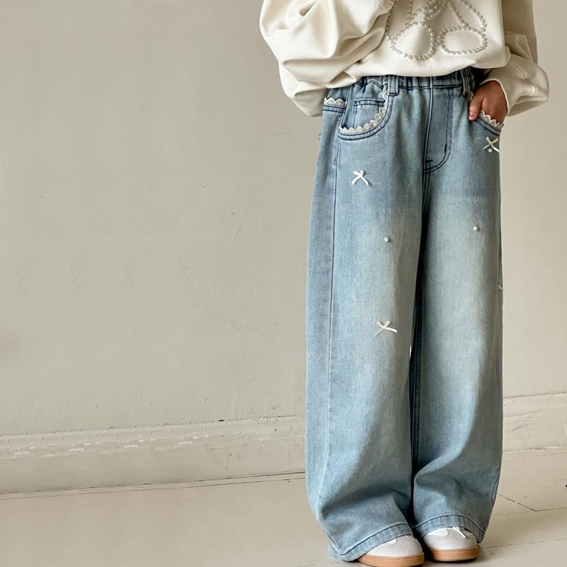 ウエストゴム 柔らか素材 ミドルウエスト デニムパンツ キッズ 女の子 ガールズ リボン 蝶結び ライン..