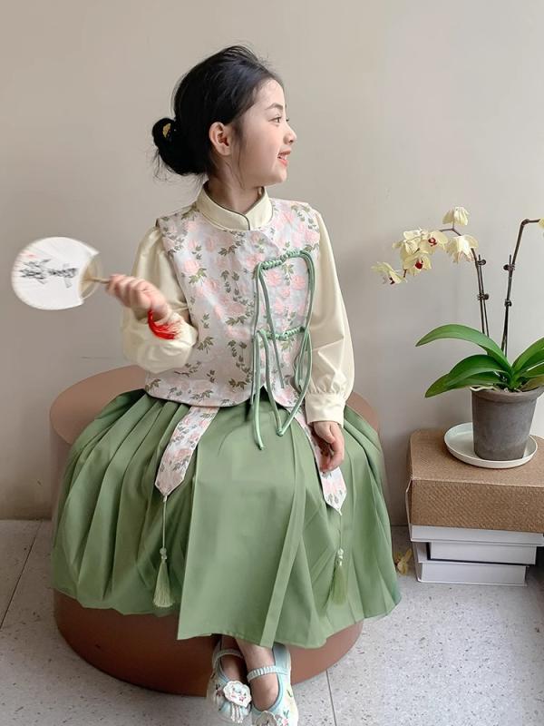 唐装 女の子 キッズ ワンピース 漢服 馬面スカート 中華風 古典衣装 花柄 切り替え コットン 柔らかい..