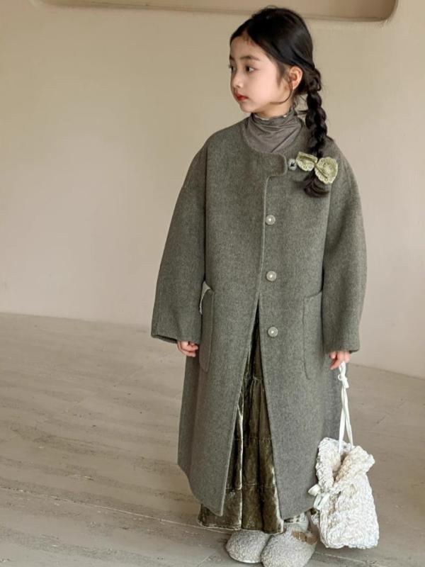 コート キッズ 女の子 ウールコート 秋冬 厚手 高級感 ミドル丈 ゆったり レトロ 無地 丸首 シングルボ..