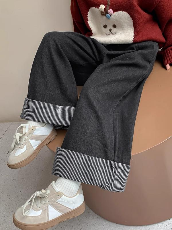 パンツ 女の子 キッズ 子供 裏起毛 デニム ワイド ストレート 秋冬 ロング丈 ゆったり カジュアル ルームウェア 通学 通園 おしゃれ 韓国ファッション ミドルウエスト ウエストゴム 無地