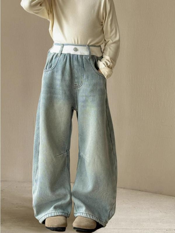 ワイドパンツ キッズ 女の子 男の子 子供 フリース裏地付き ハイウエスト デニム 秋冬 ゆったり ストレ..